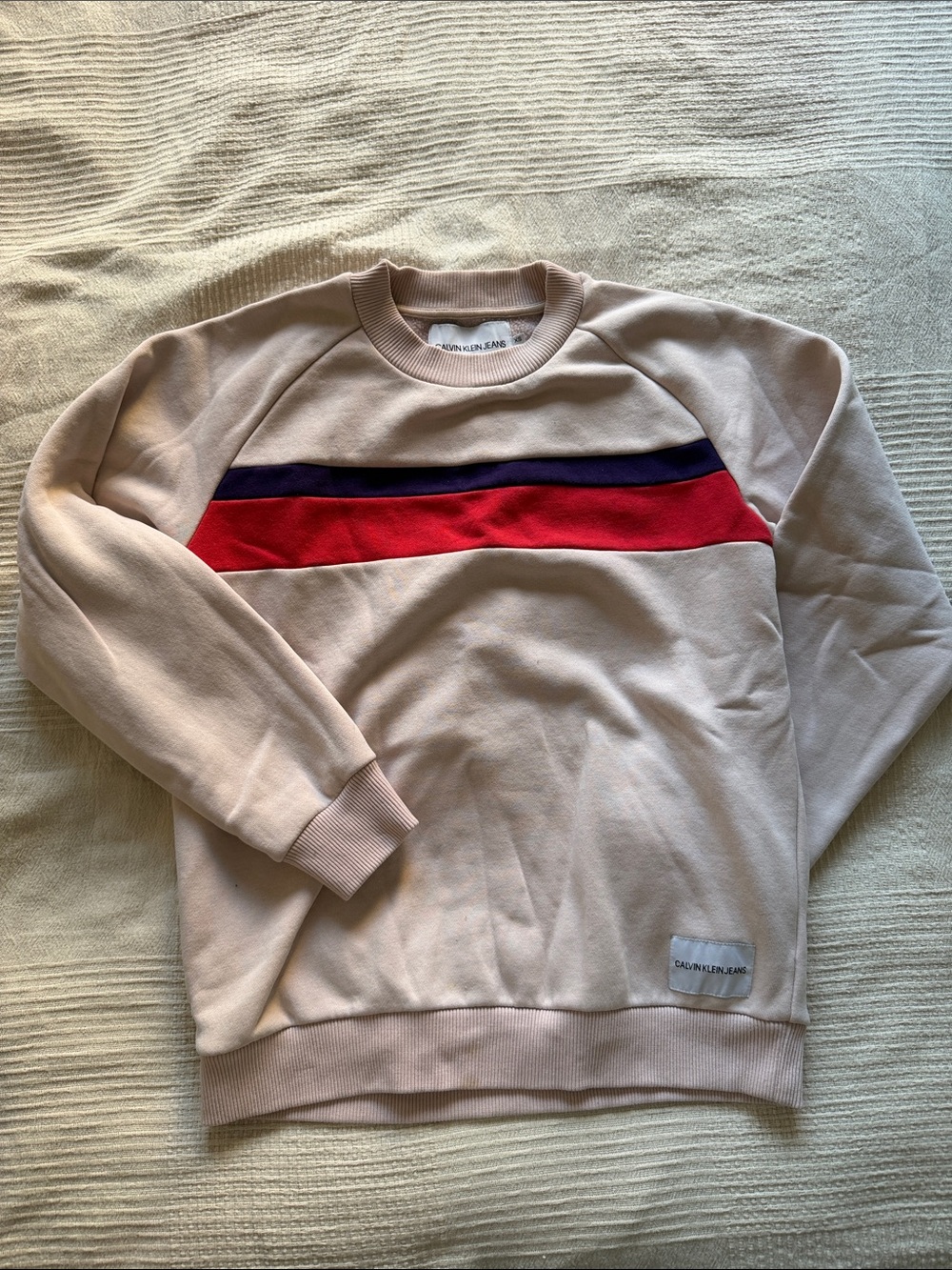 Calvin Klein Jeans Pale Pink Crewneck with Red and Navy Stripes